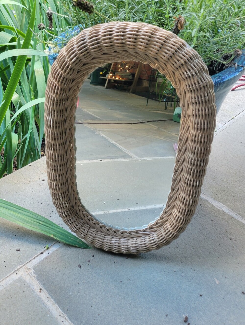 Vtg Taupe Wicker Oval Mirror Cottage Shabby Chic Vanity Lake House 18”x12”